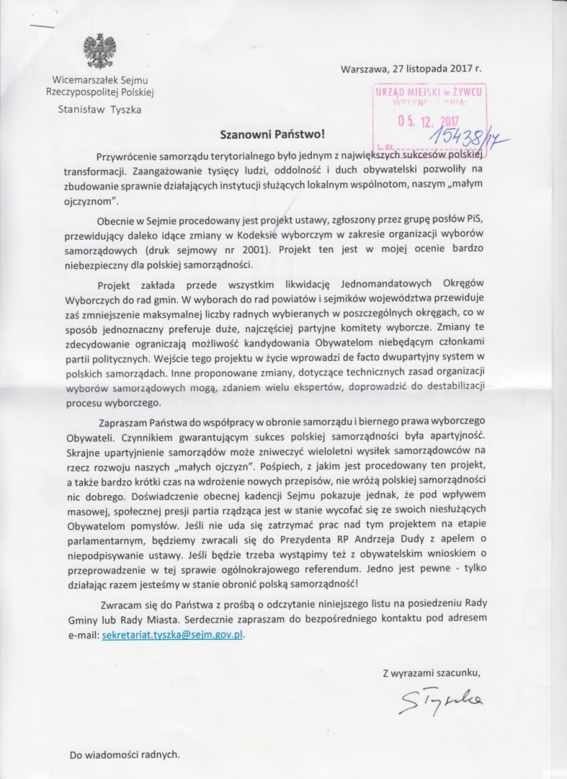List od Wicemarszałka Sejmu RP