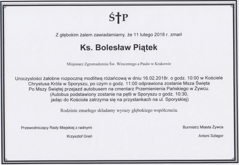 Zmarł Ks. Bolesław Piątek