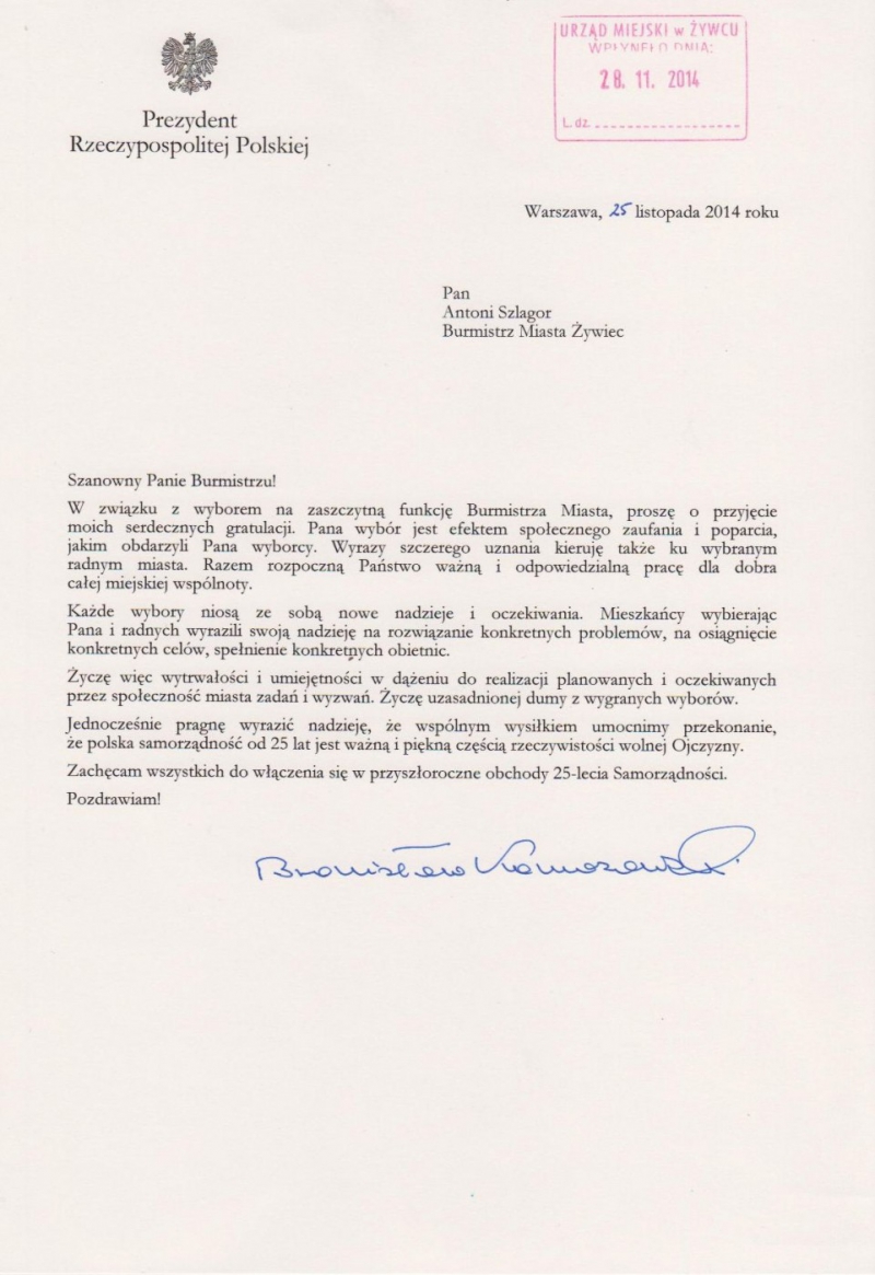 List gratulacyjny od Prezydenta RP
